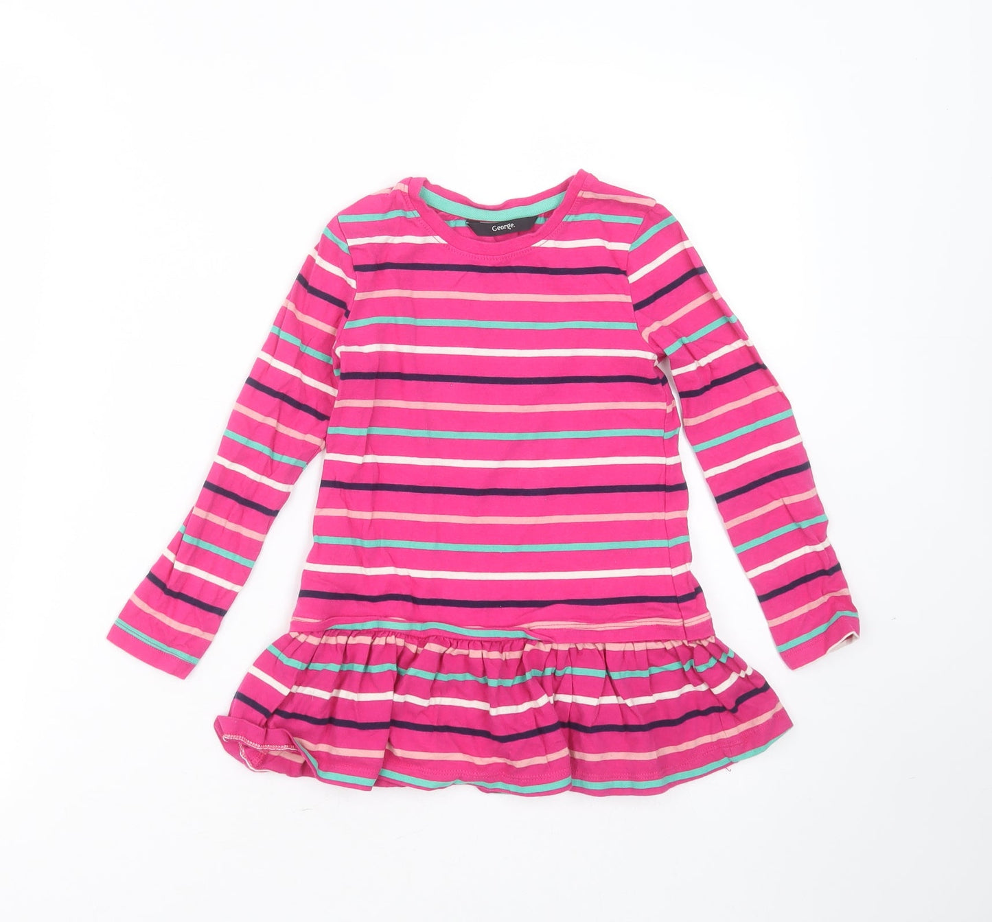 George Girls Pink Striped Cotton Basic T-Shirt Size 5-6 Years Round Neck