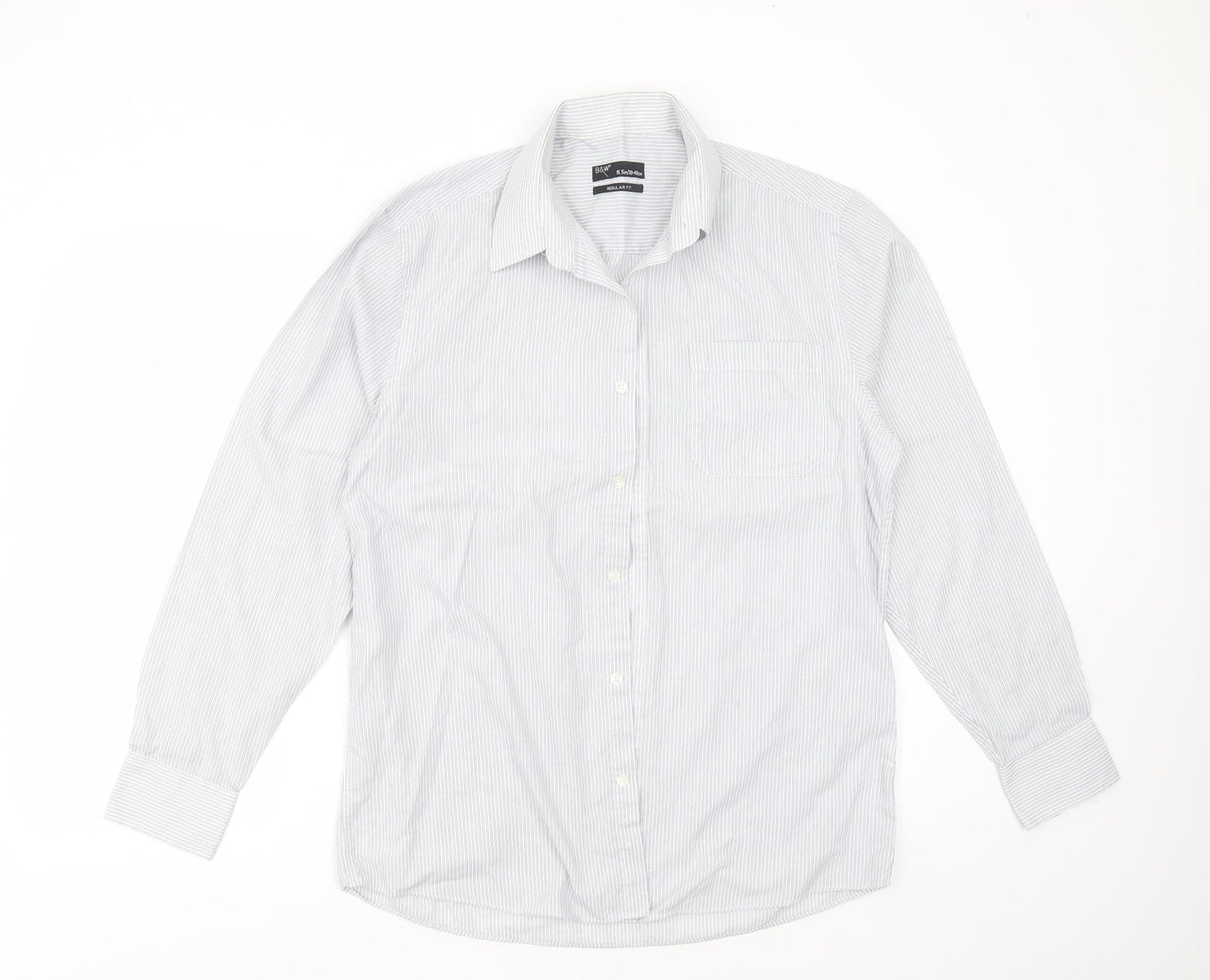B&W Mens White Striped Polyester  Button-Up Size 15.5 Collared Button