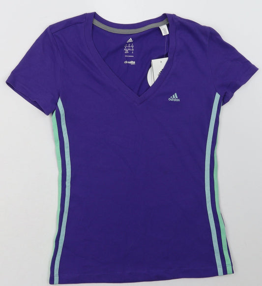 adidas Womens Purple Striped Cotton Basic T-Shirt Size 6 V-Neck