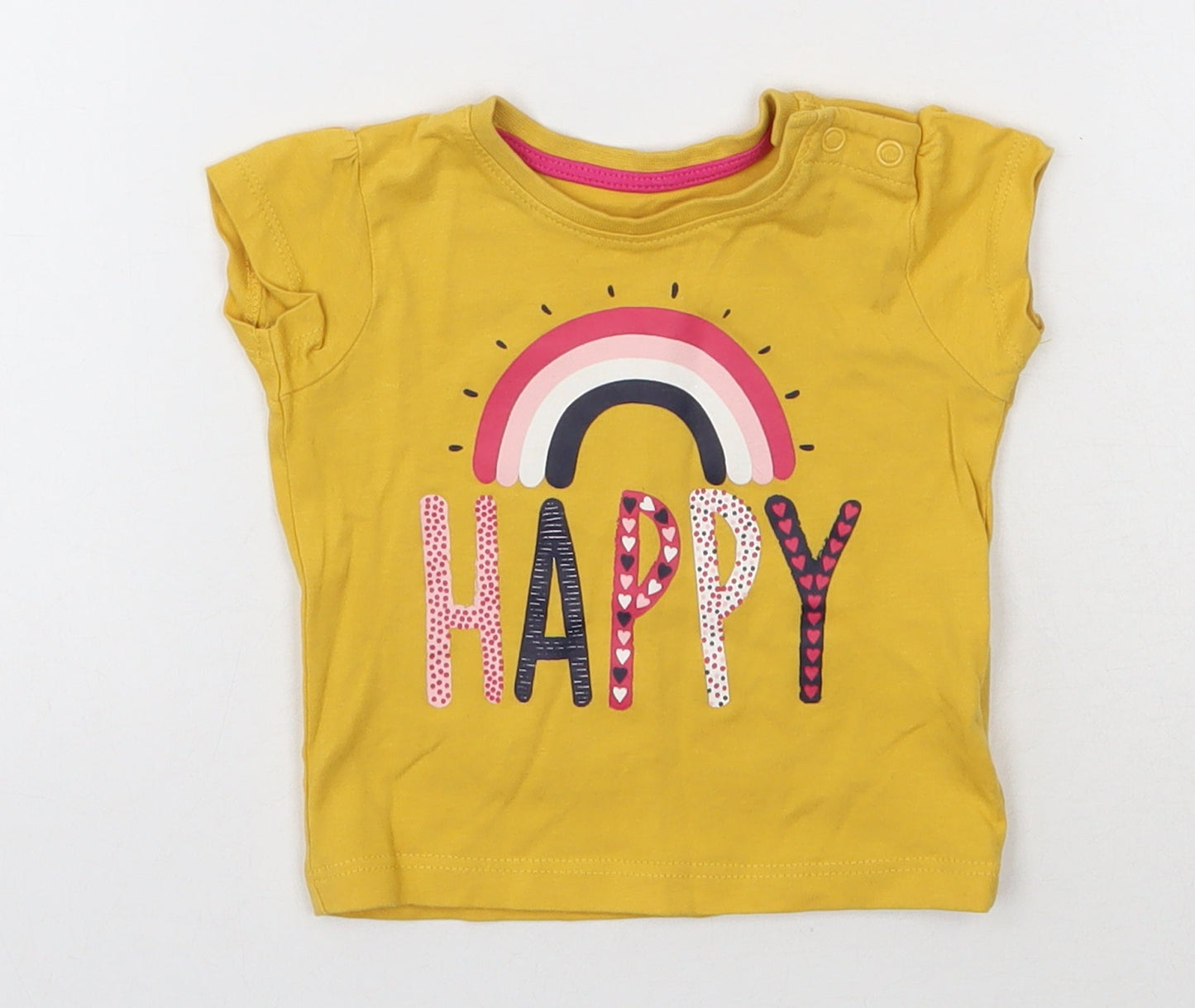 Primark Girls Yellow  Cotton Basic T-Shirt Size 3-6 Months Round Neck Pullover - Happy