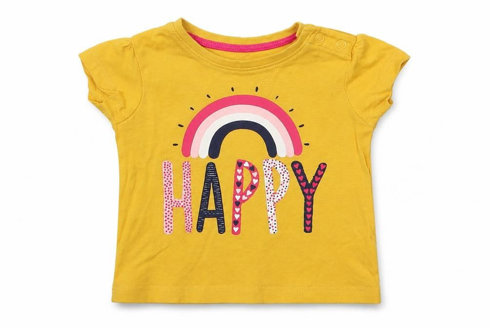 Primark Girls Yellow  Cotton Basic T-Shirt Size 3-6 Months Round Neck Pullover - Happy