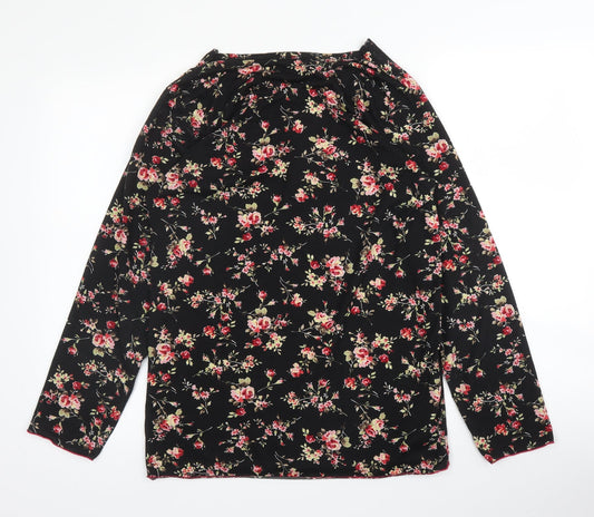 Stil Modo Womens Black Floral Cotton Basic T-Shirt Size L Round Neck