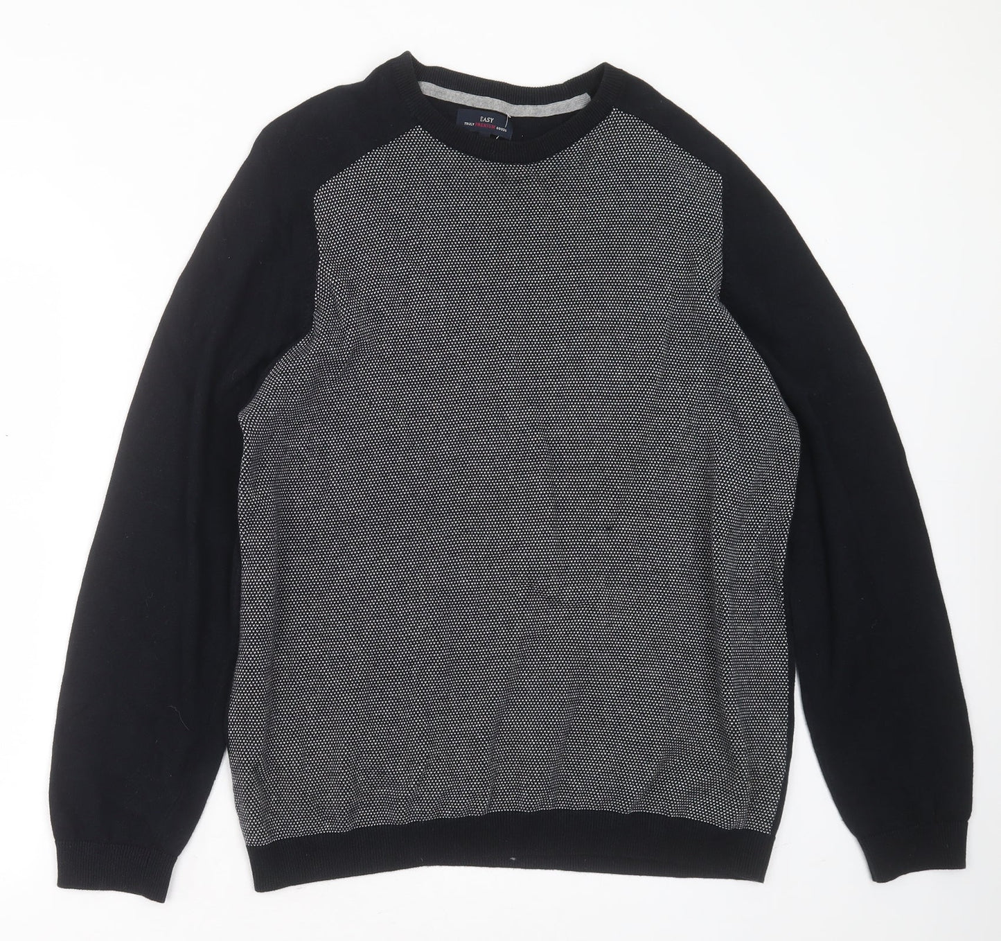 Easy Mens Blue Round Neck Geometric Cotton Pullover Jumper Size L