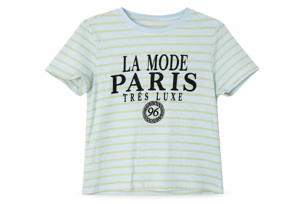 New Look Womens Blue Striped Cotton Basic T-Shirt Size 6 Crew Neck - Paris