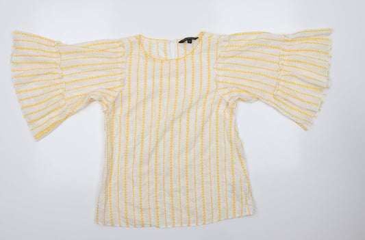 Dorothy Perkins Womens Yellow Striped 100% Cotton Basic Blouse Size 10 Round Neck