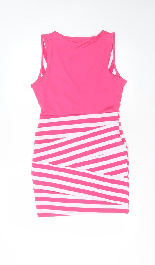 Finejo Womens Pink Striped Polyester Mini  Size M  V-Neck