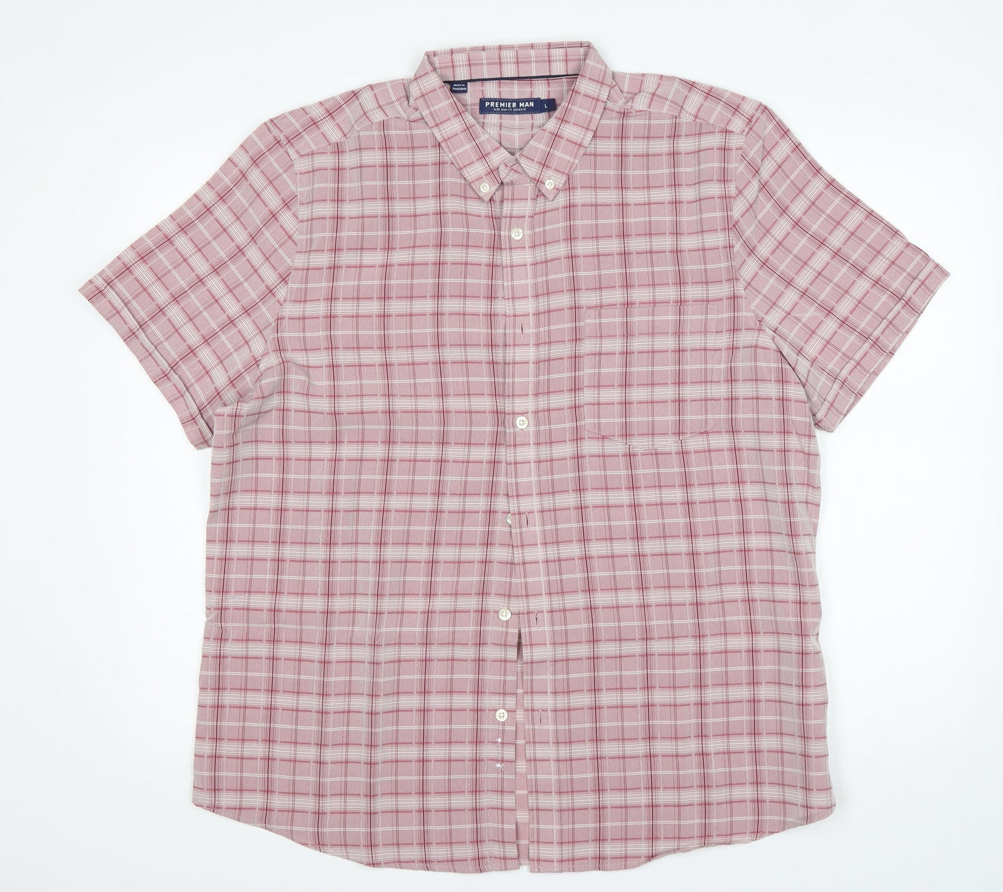 Premier Man Mens Pink Plaid Polyester  Button-Up Size L Collared