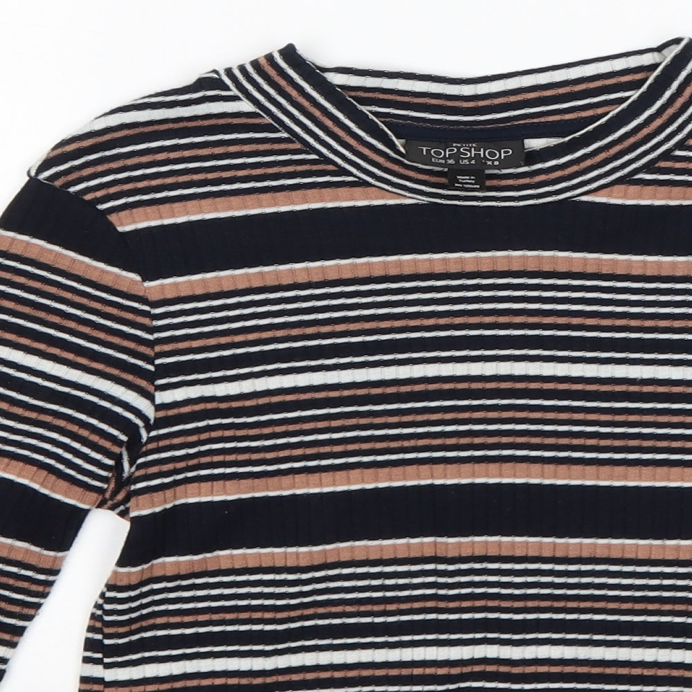 Topshop Womens Multicoloured Striped Polyester Basic T-Shirt Size 8 Round Neck