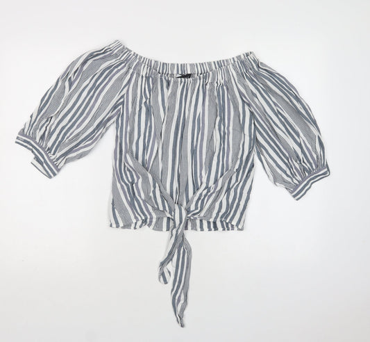 New Look Womens Grey Striped Viscose Basic Blouse Size 8 Off the Shoulder