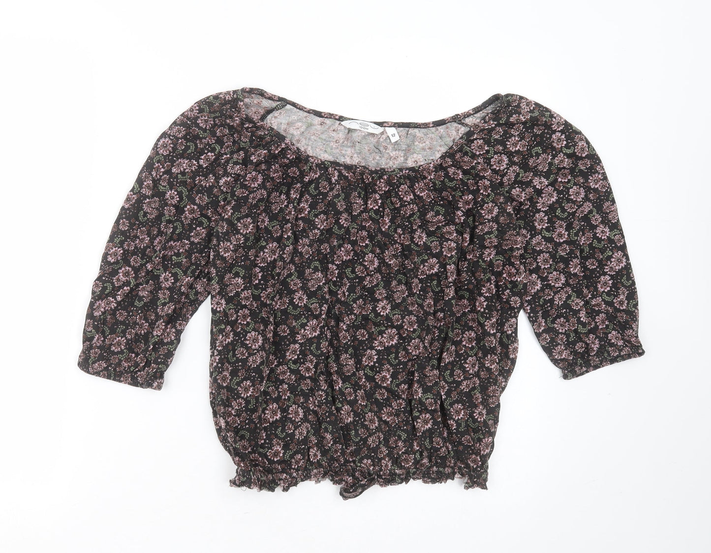 New Look Womens Black Floral Polyester Blend Basic Blouse Size 12 Round Neck
