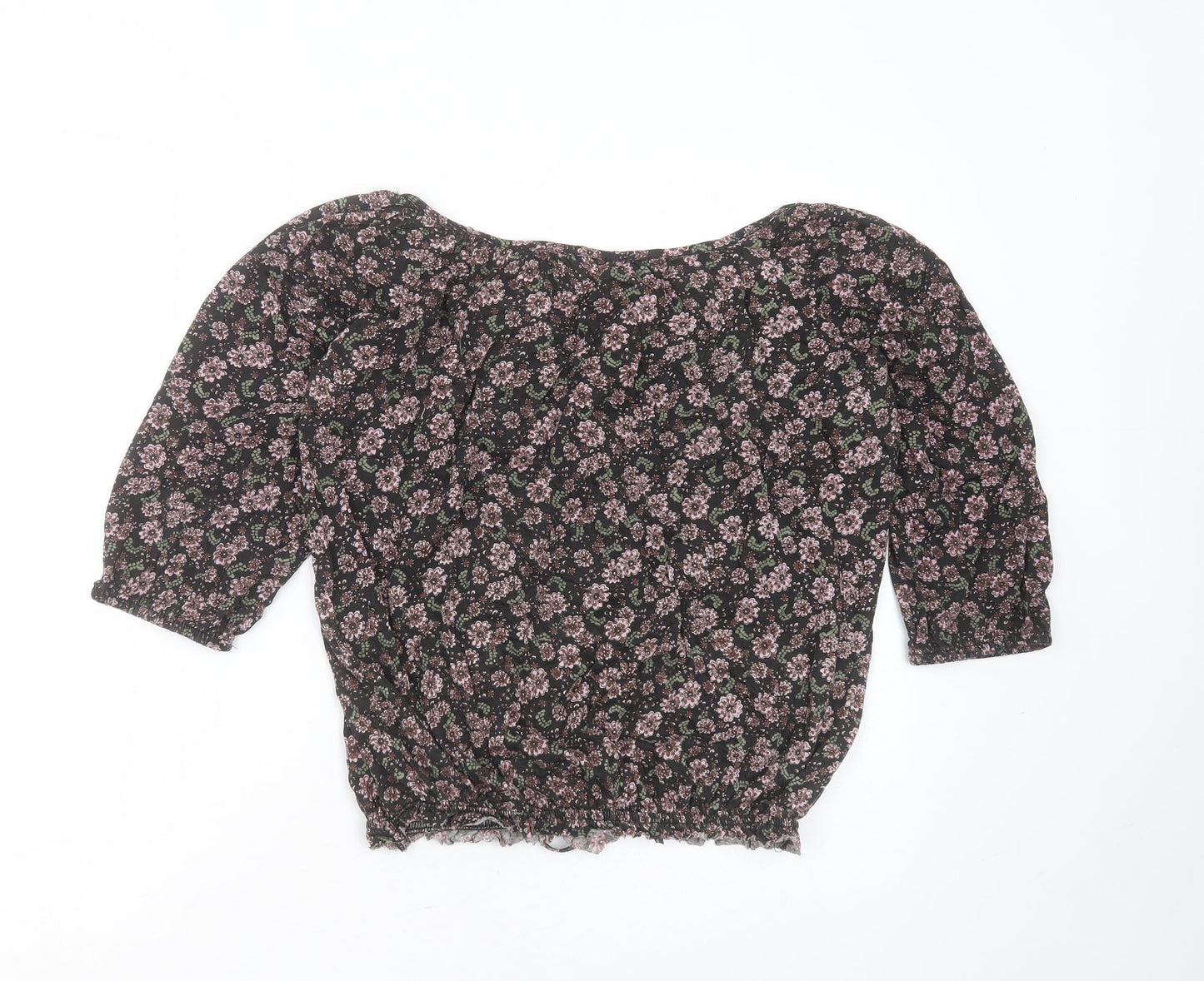 New Look Womens Black Floral Polyester Blend Basic Blouse Size 12 Round Neck
