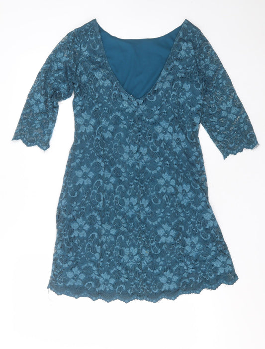 New Look Womens Blue Floral Polyamide Shift  Size 12  Round Neck