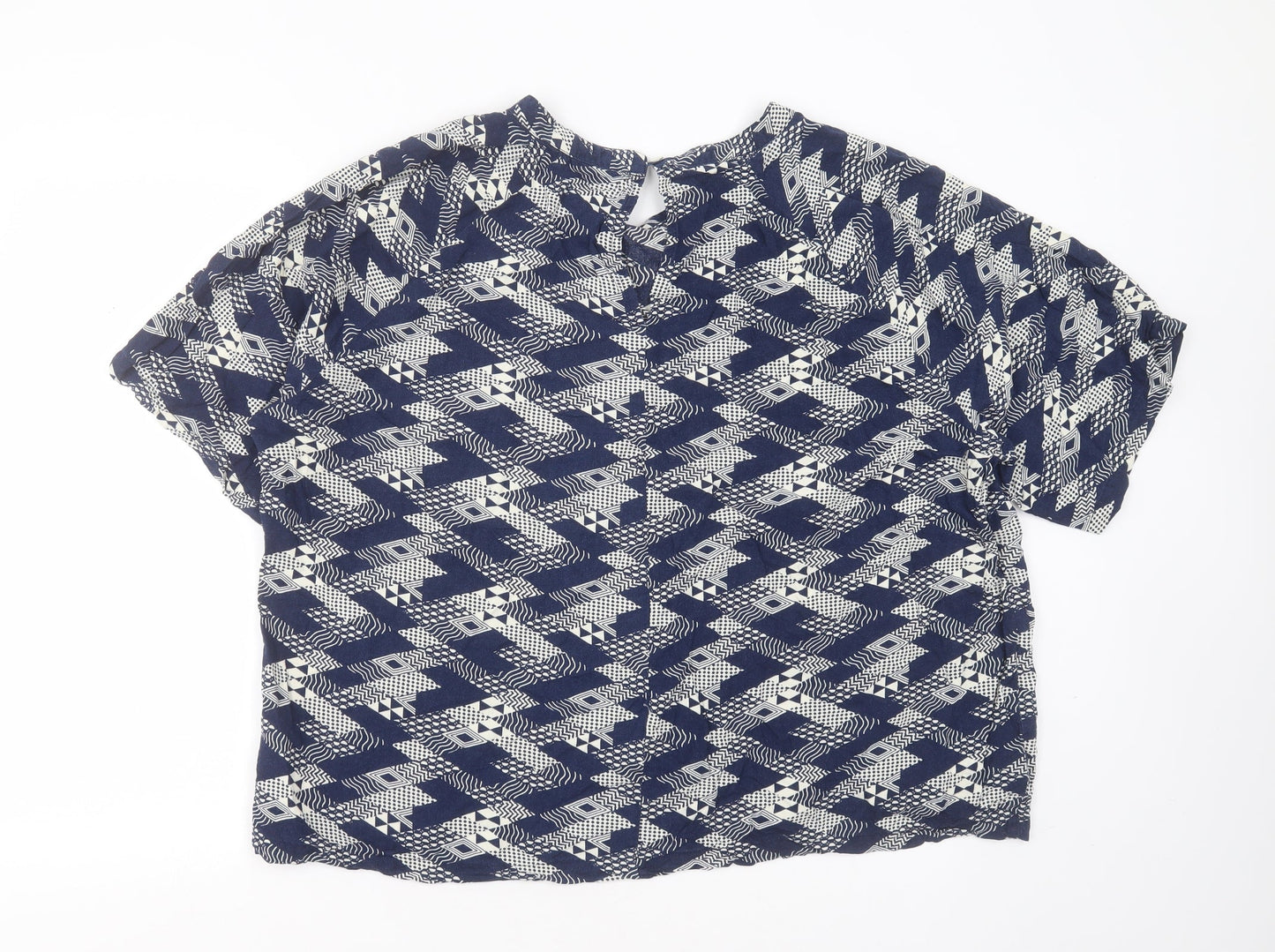 cassiopeia Womens Blue Geometric Viscose Basic Blouse Size XL Round Neck