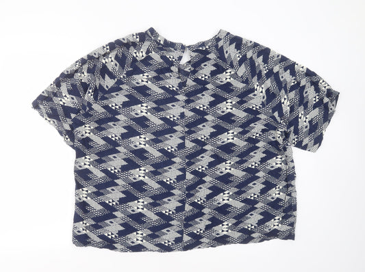 cassiopeia Womens Blue Geometric Viscose Basic Blouse Size XL Round Neck