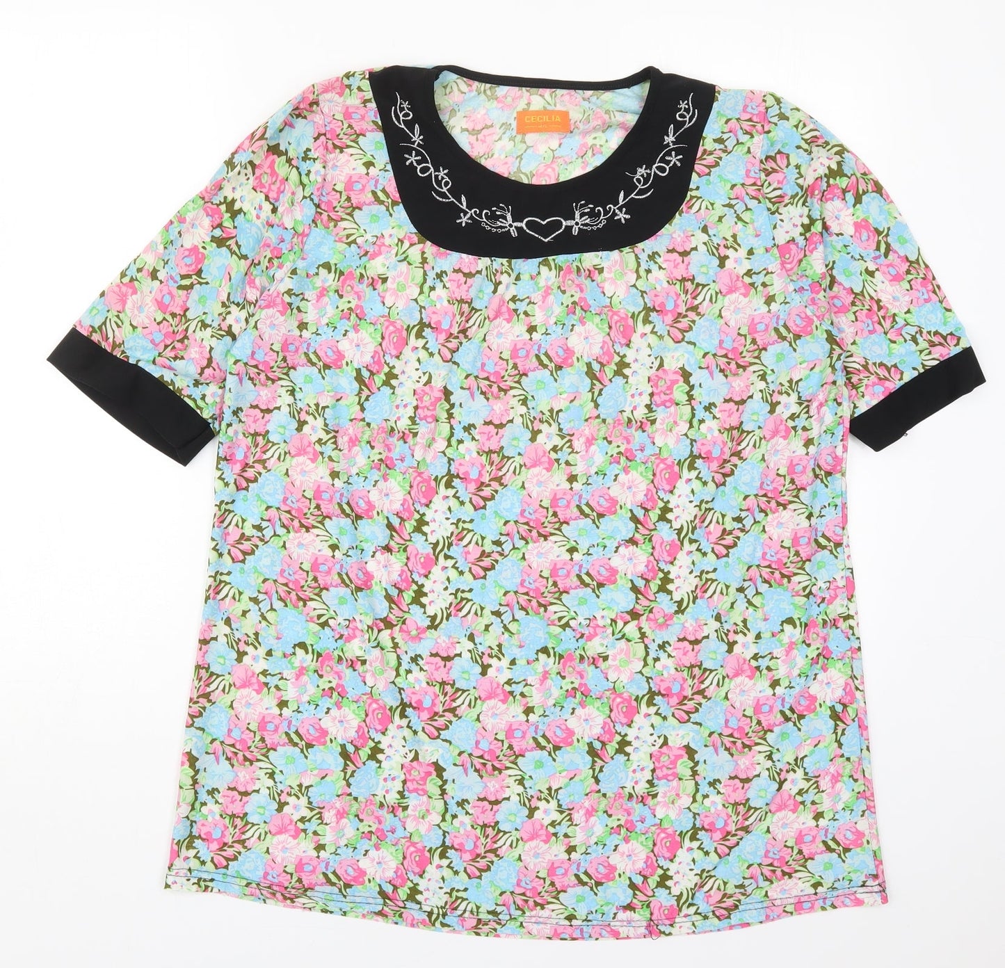 Cecilia Womens Multicoloured Floral Polyester Basic T-Shirt Size M Round Neck