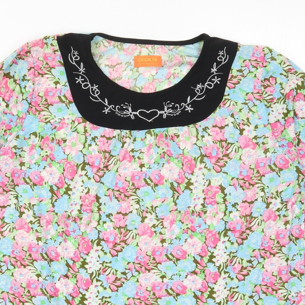 Cecilia Womens Multicoloured Floral Polyester Basic T-Shirt Size M Round Neck