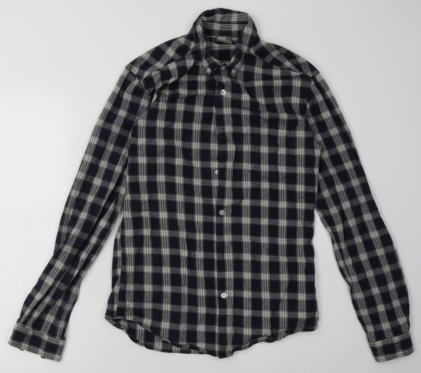 ASOS Mens Blue Check Cotton  Button-Up Size M Collared Button