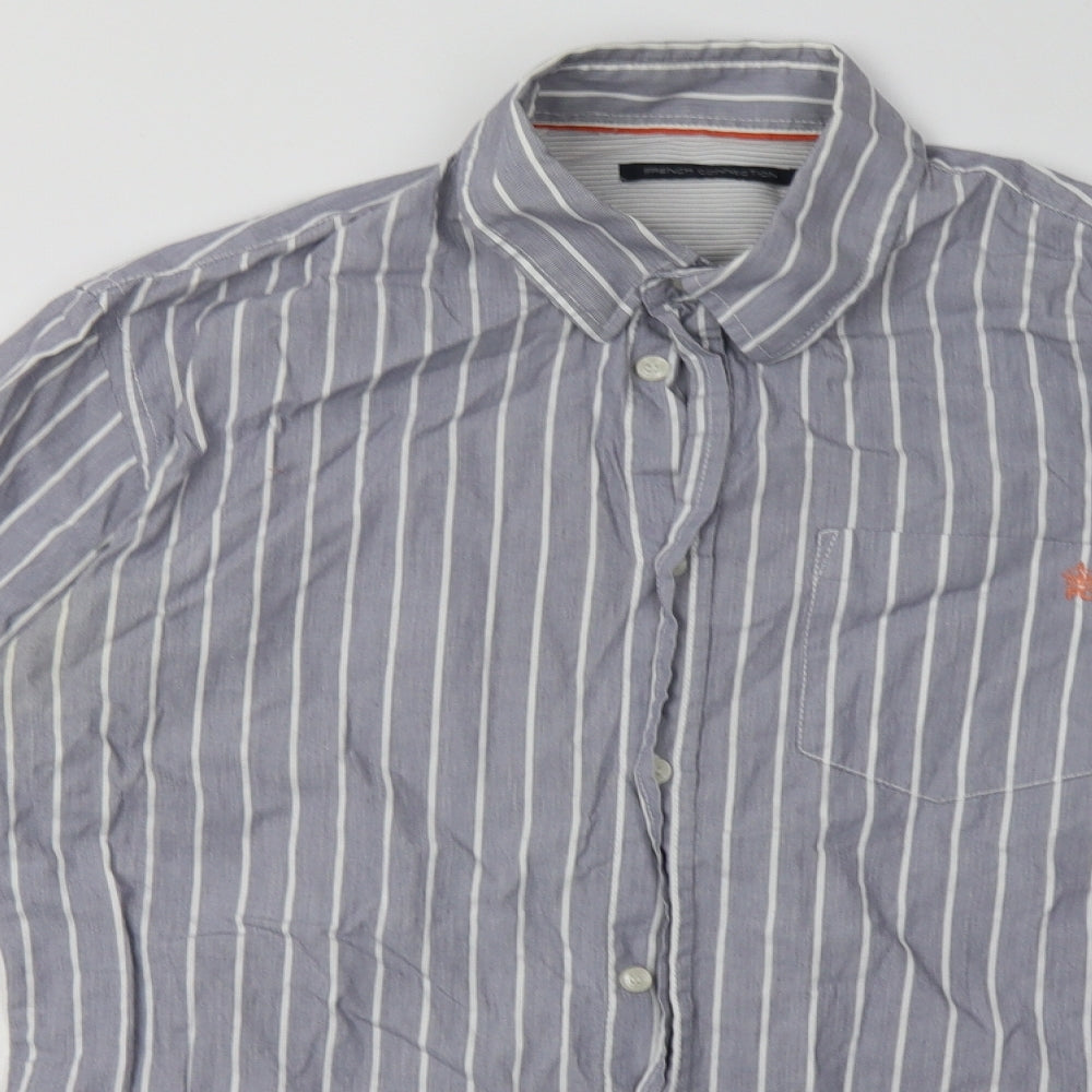 French Connection Mens Blue Striped Cotton  Button-Up Size S Collared Button