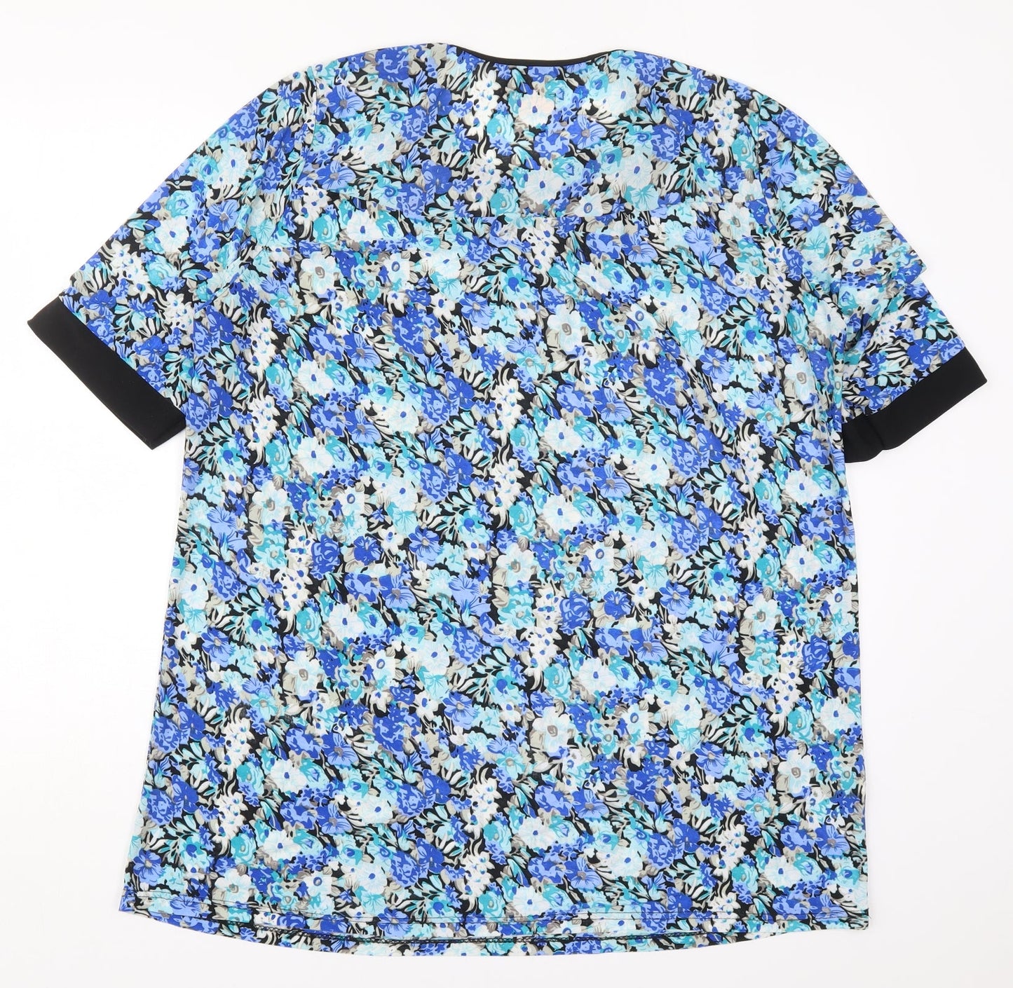 Cecilia Womens Blue Floral Polyester Basic T-Shirt Size XL Round Neck