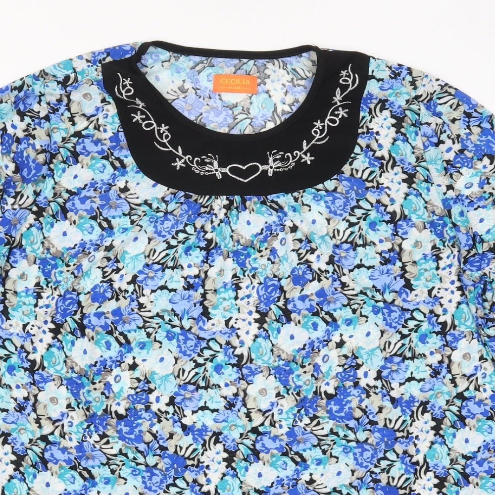 Cecilia Womens Blue Floral Polyester Basic T-Shirt Size XL Round Neck