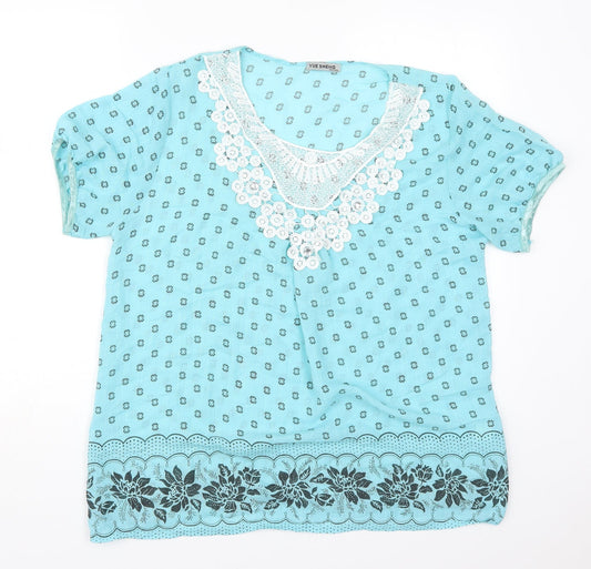 Yue Sheng Womens Blue Geometric Cotton Basic T-Shirt Size 2XL Round Neck