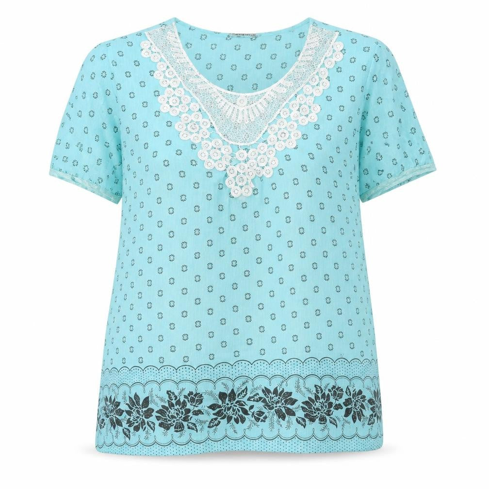 Yue Sheng Womens Blue Geometric Cotton Basic T-Shirt Size 2XL Round Neck