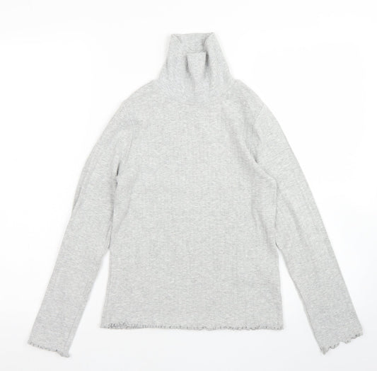 M&S Girls Grey  Cotton Pullover T-Shirt Size 10-11 Years High Neck  - Lettuce edging