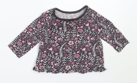 George Girls Grey Floral Cotton Basic T-Shirt Size 3-6 Months Round Neck