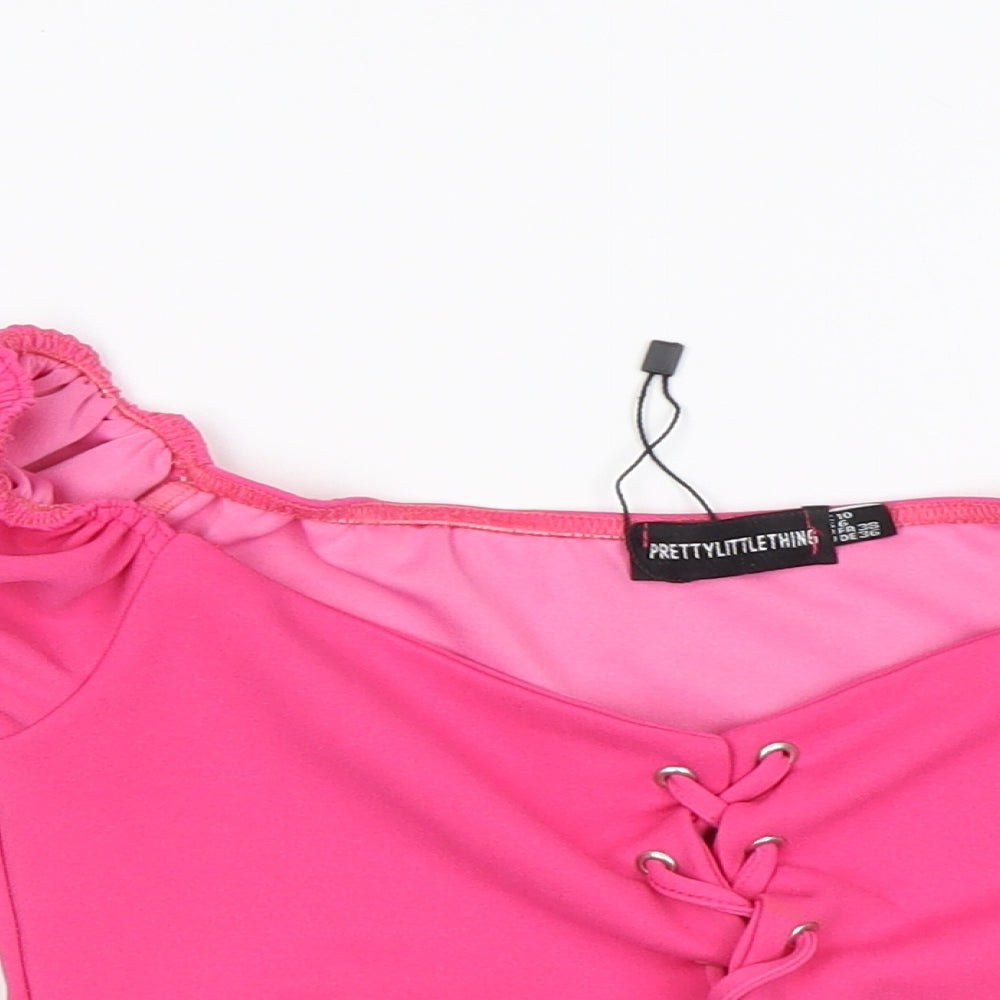 PRETTYLITTLETHING Womens Pink  Polyester Cropped Blouse Size 10 V-Neck