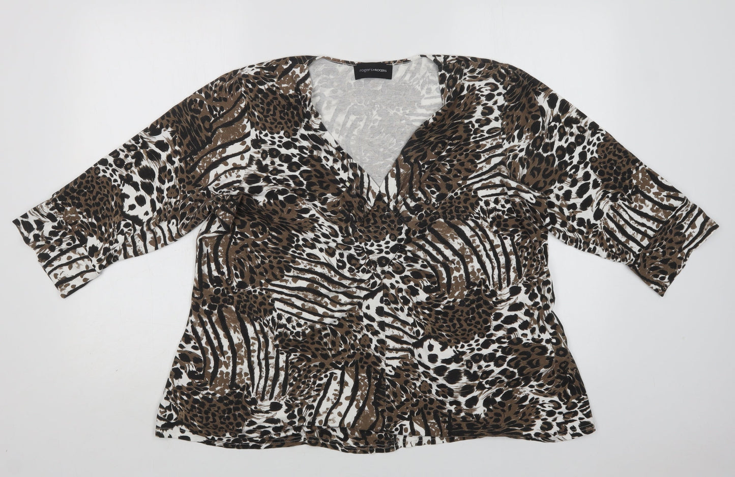 Rogers+ Rogers  Womens Brown Animal Print Viscose Basic Blouse Size 8 V-Neck