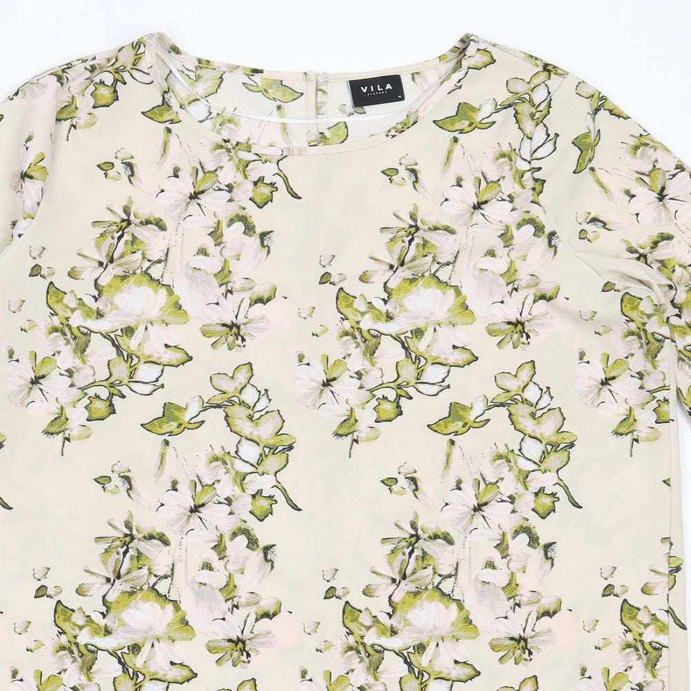 VILA Womens Ivory Floral Polyester Tunic Blouse Size M Round Neck