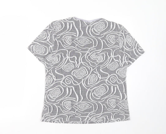 BM Womens Grey Geometric Nylon Basic T-Shirt Size 14 Round Neck