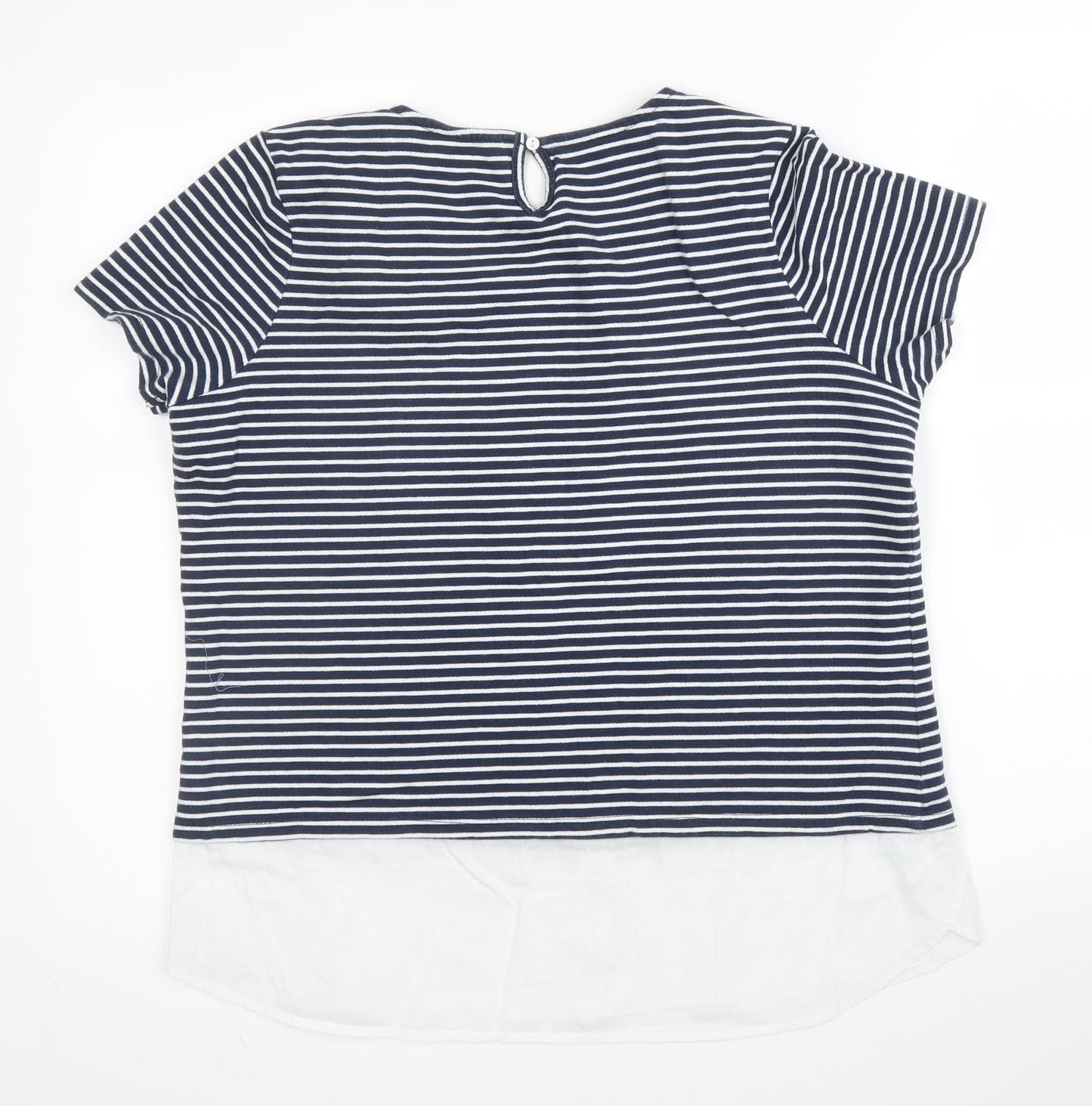 M&Co Womens Blue Striped Cotton Basic Blouse Size 14 Round Neck