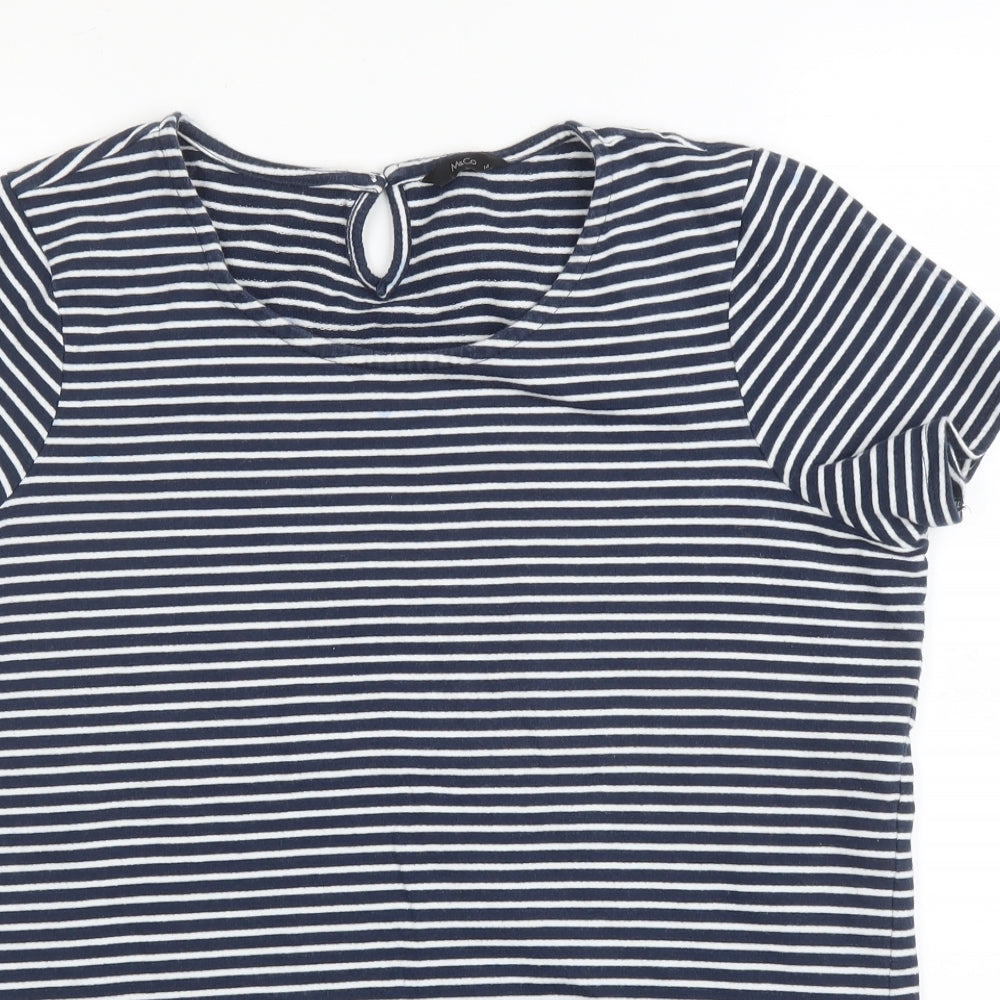 M&Co Womens Blue Striped Cotton Basic Blouse Size 14 Round Neck