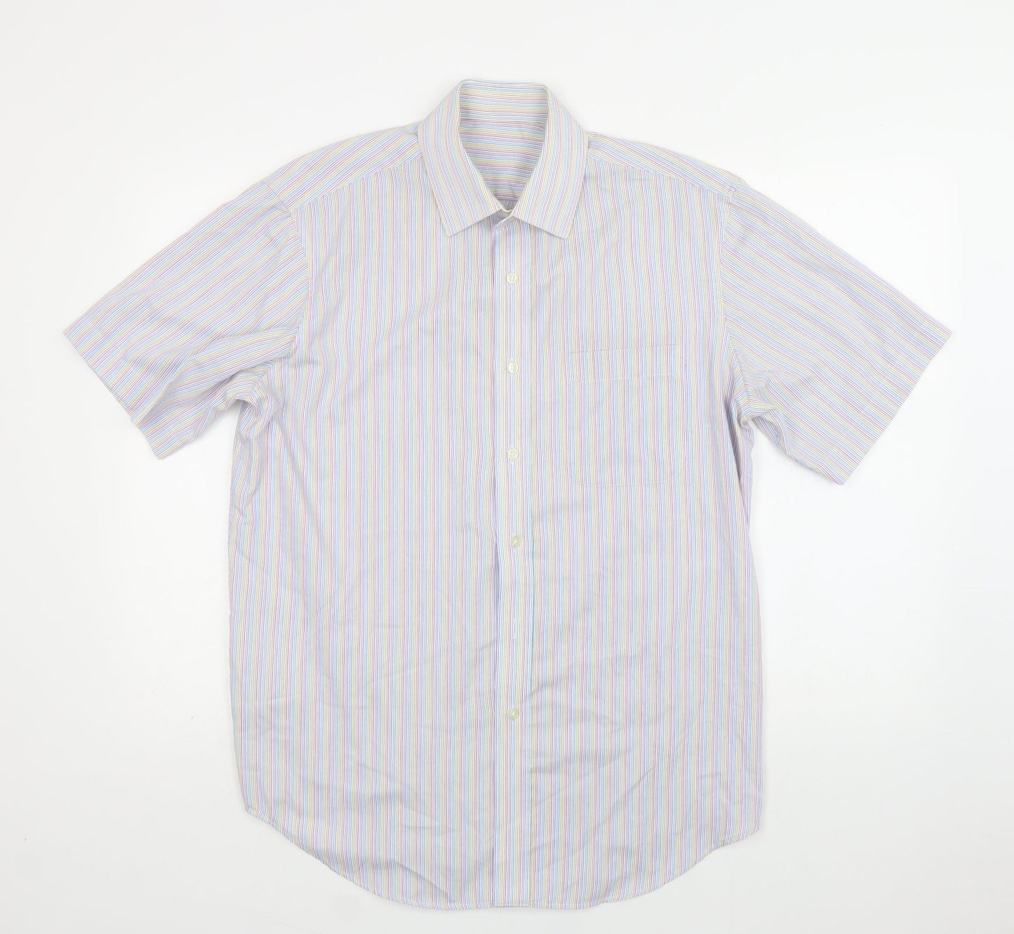 M&S Mens Multicoloured Striped Cotton  Button-Up Size 16 Collared Button