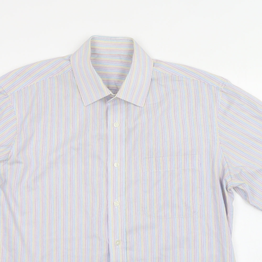 M&S Mens Multicoloured Striped Cotton  Button-Up Size 16 Collared Button