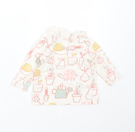 George Girls Ivory  Cotton Basic T-Shirt Size 6-9 Months Round Neck  - Gardening Prints