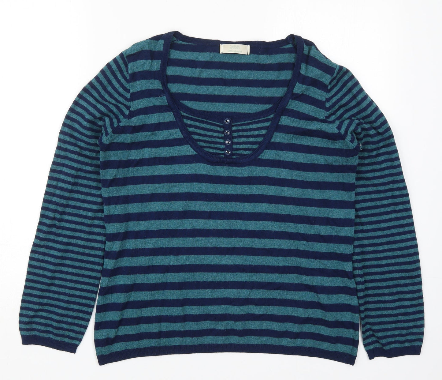 Marks and Spencer Womens Blue Round Neck Striped Viscose Pullover Jumper Size 16