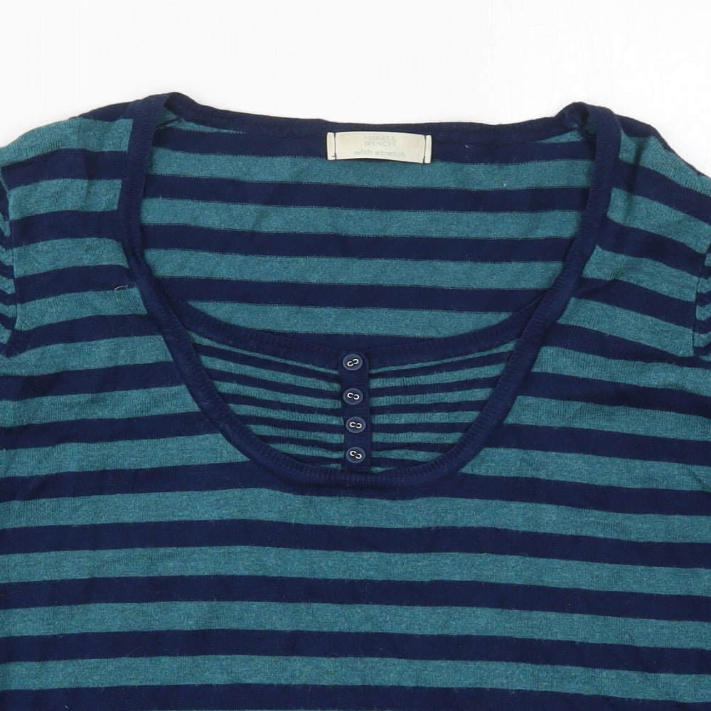 Marks and Spencer Womens Blue Round Neck Striped Viscose Pullover Jumper Size 16