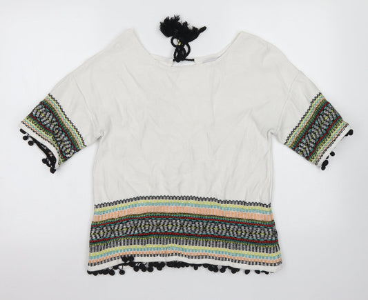 M&S Womens White Round Neck Striped Cotton Pullover Jumper Size 12