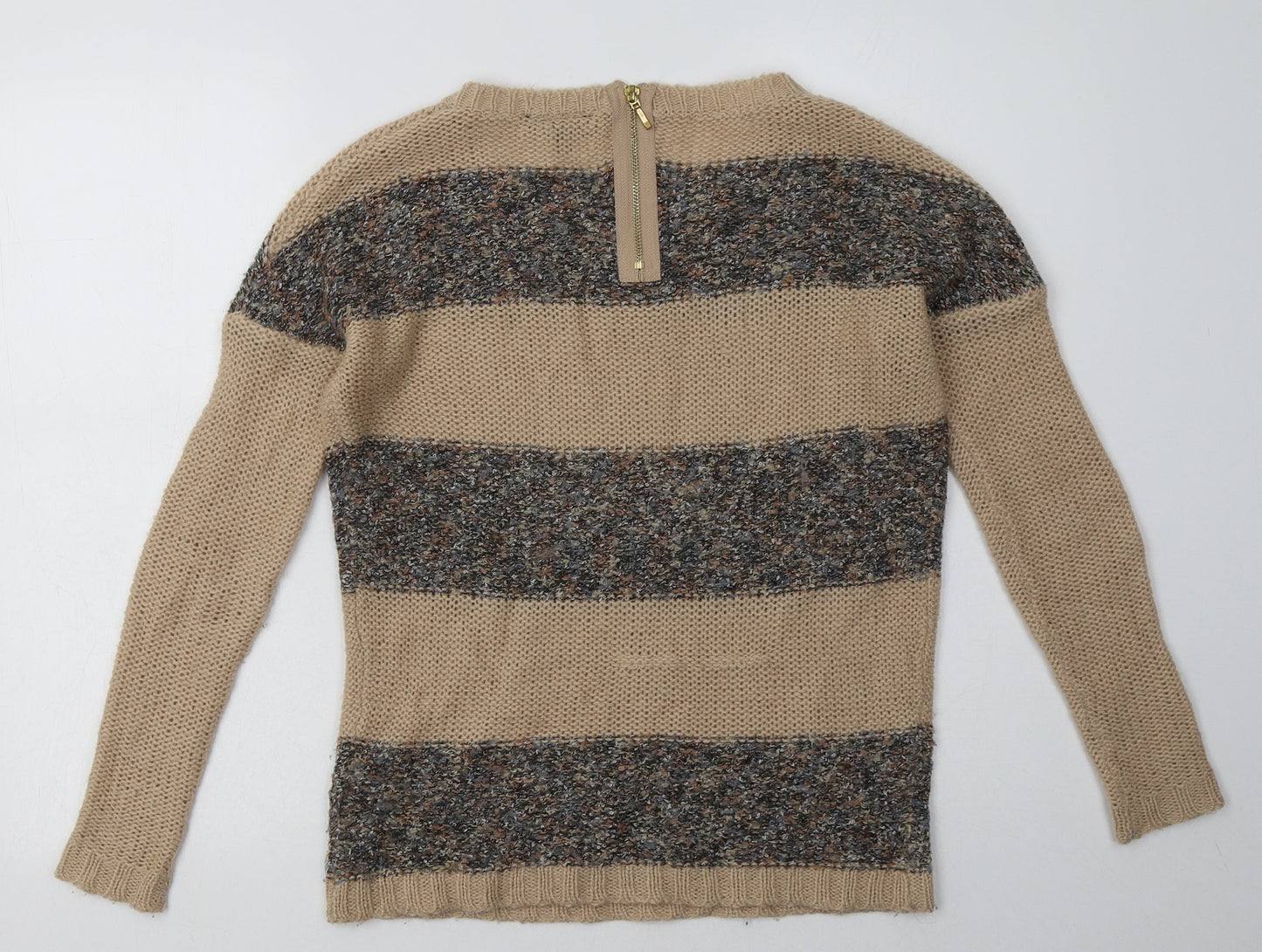 warehuse Womens Brown Striped Acrylic Pullover Sweatshirt Size 8  Zip
