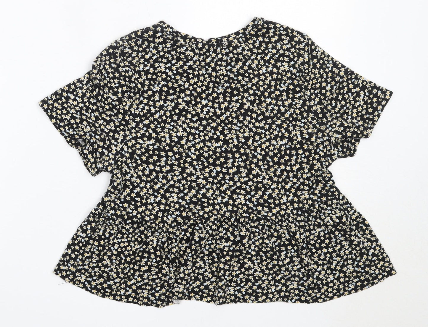 Pull&Bear Womens Black Floral Cotton Basic T-Shirt Size S Round Neck