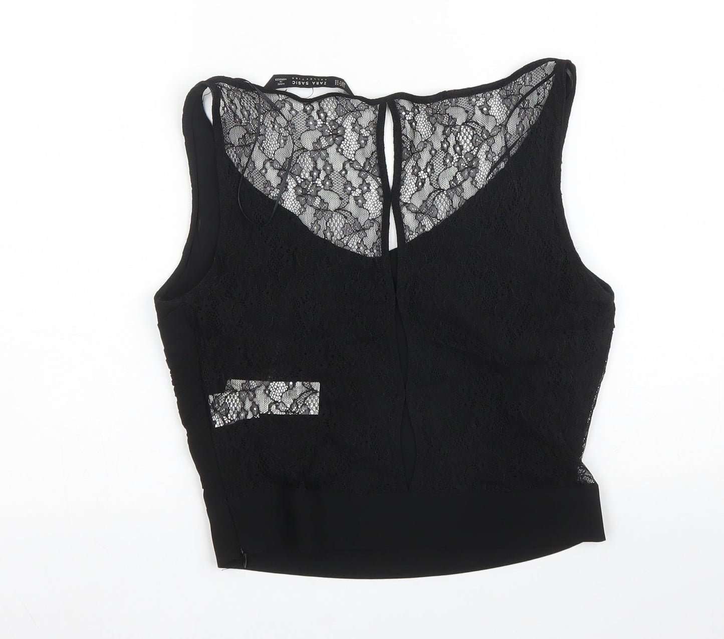 Zara Womens Black Floral Polyester Basic Blouse Size XS Scoop Neck