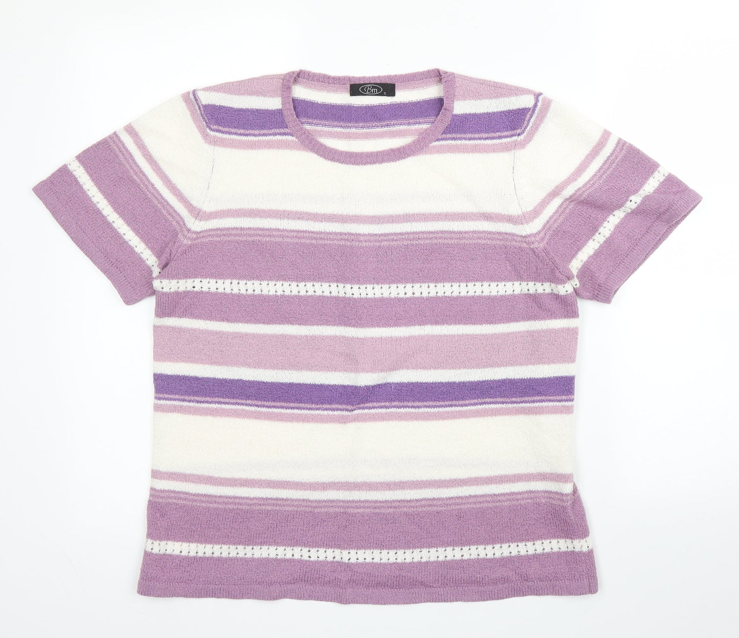 BM Womens Purple Striped Acrylic Basic Blouse Size S Round Neck
