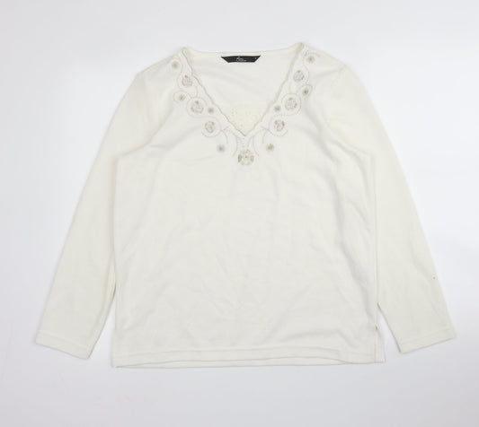 BM Casual Womens White V-Neck Floral Cotton Pullover Jumper Size S