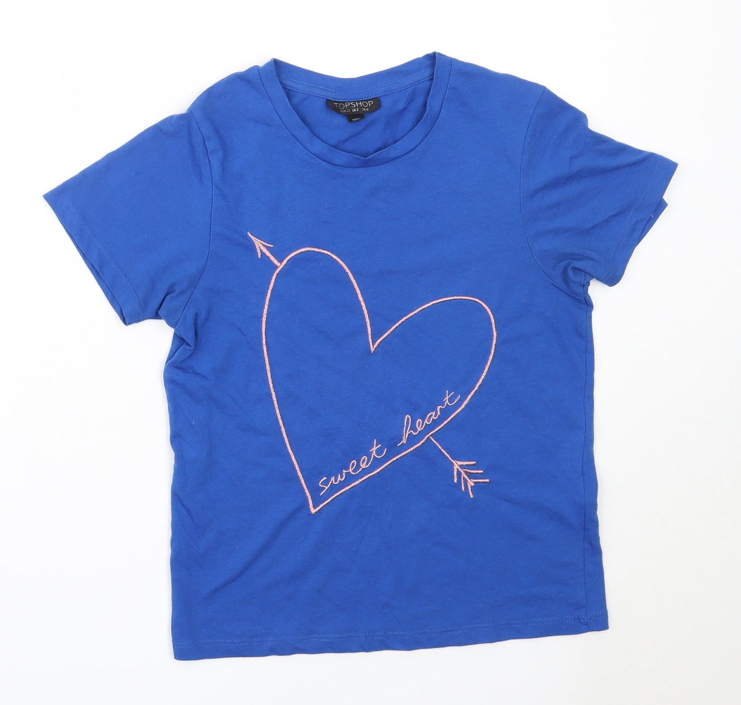 Topshop Womens Blue  Cotton Basic T-Shirt Size 6 Round Neck
