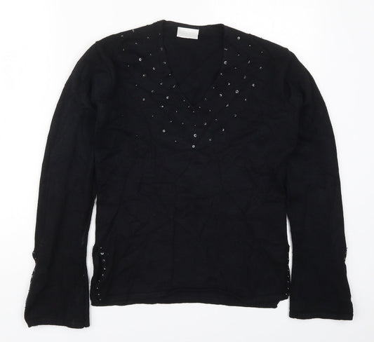 Off Shoot Womens Black V-Neck  Rayon Pullover Jumper Size S