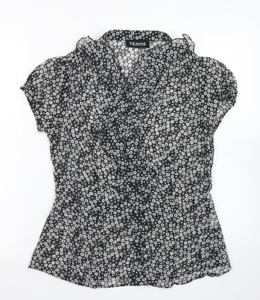 Femme Womens Black Floral Polyester Basic Blouse Size 12 Collared