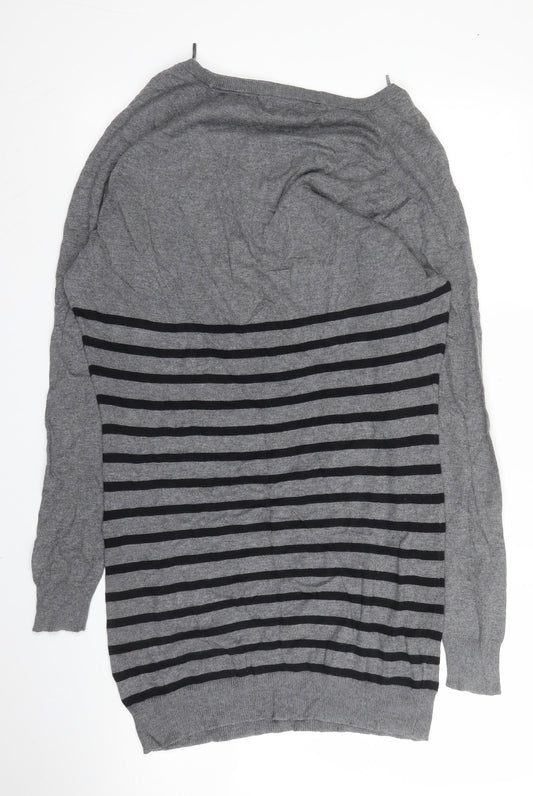 NEXT Womens Grey V-Neck Striped Cotton Tunic Jumper Size 8