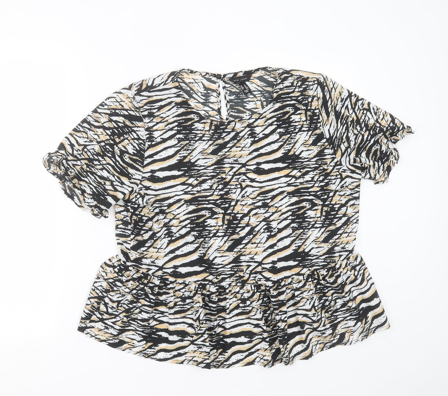 New Look Womens Black Animal Print Polyester Basic Blouse Size 14 Round Neck